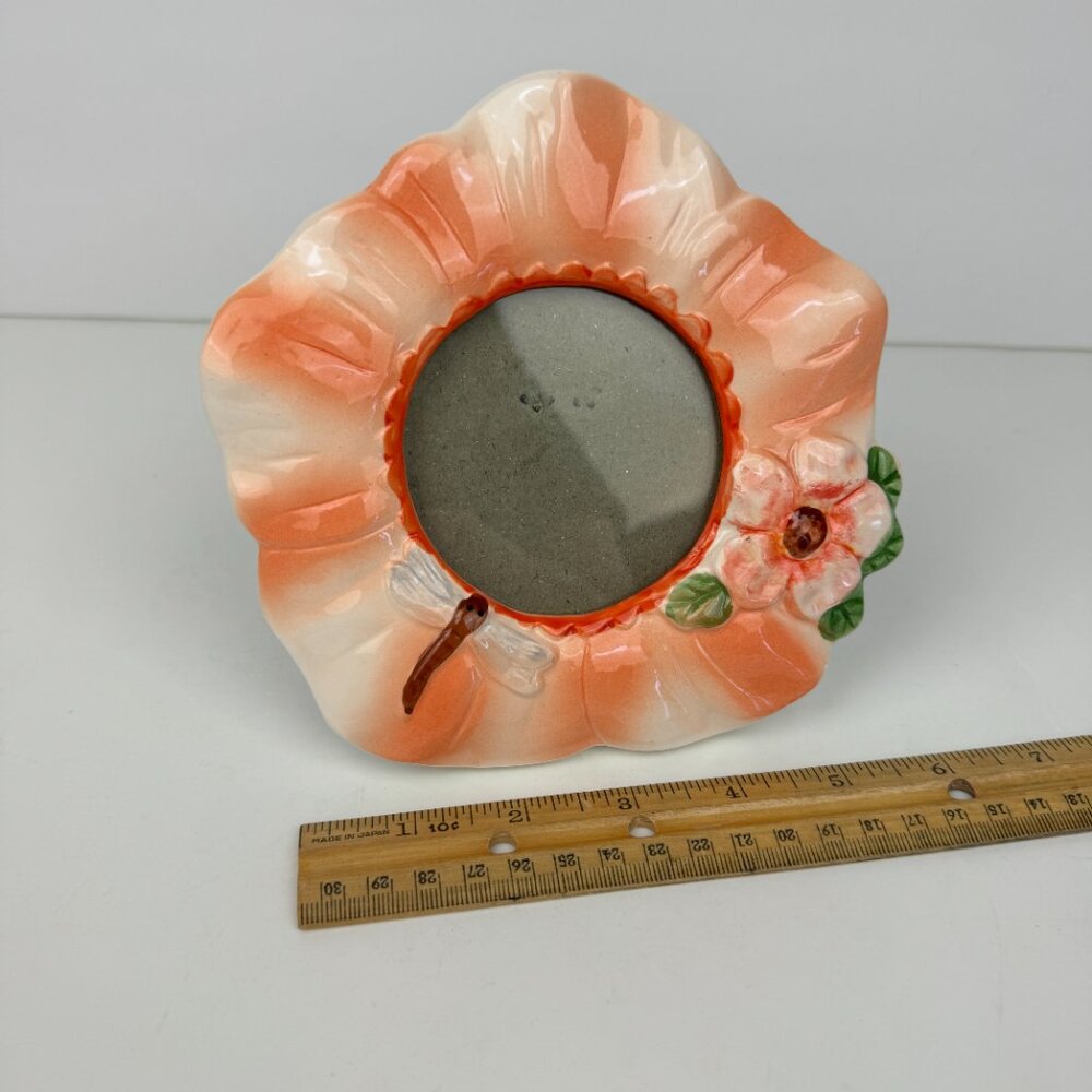 Vtg‎ Tabletop Miniature Frame Ceramic Hibiscus Dragon Fly Glazed 3x3 Image Size
